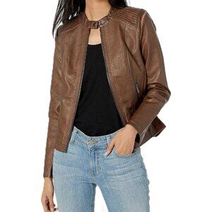 Sebby Collection Women's Faux Leather Jacket with Moto Details Front Zip Size XL